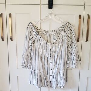 DR2 Shirt Womens L White Black Stripes Off the Shoulder Long Sleeve Blouse